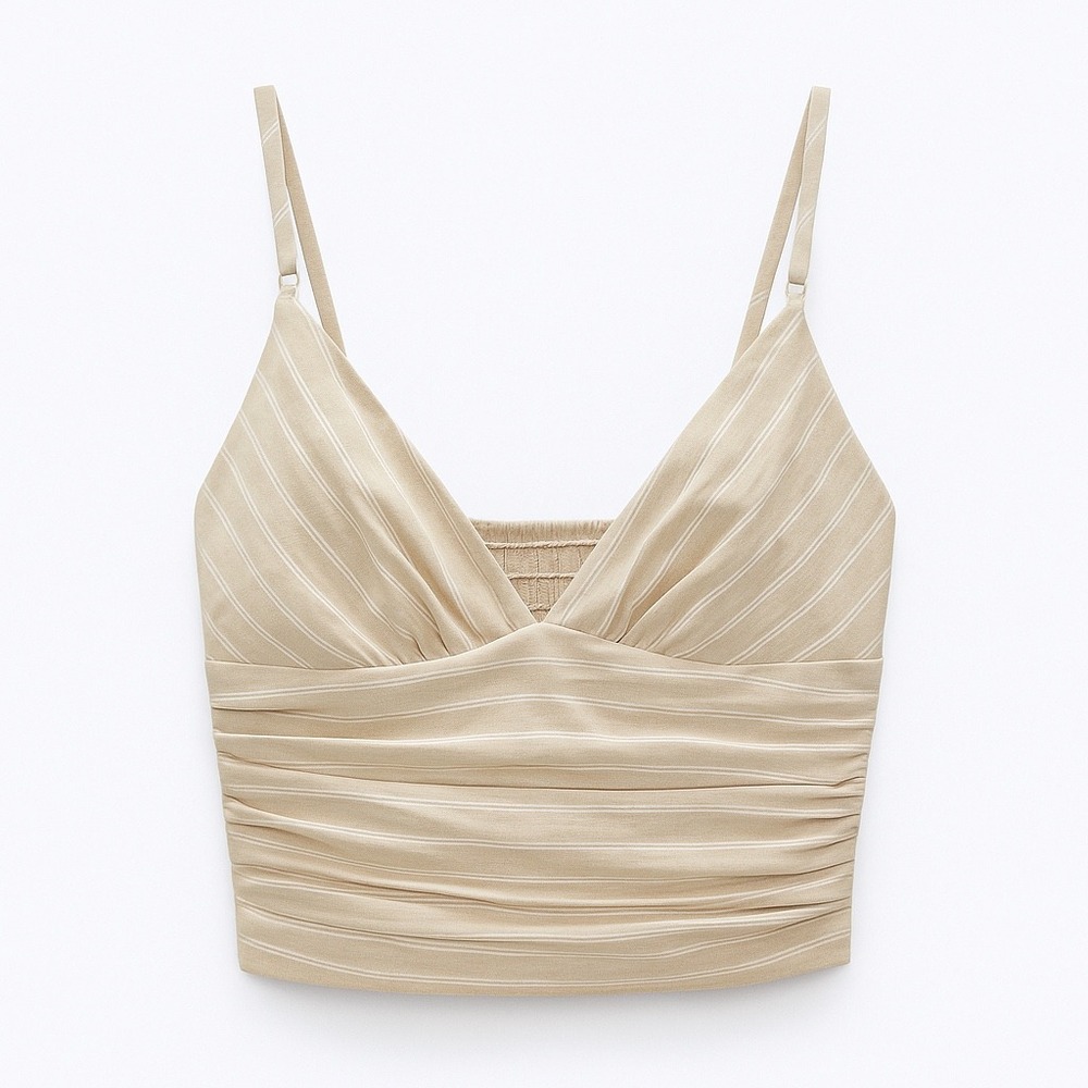 Zara‎ Striped Crop Top, Ruched Cami Tank, Sleeveless Beige Cream Size S NWT